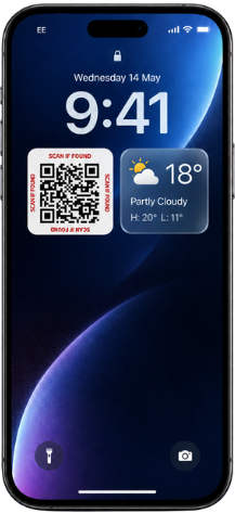 Phone lock screen showing a Found Phones QR code with Scan if found labels
