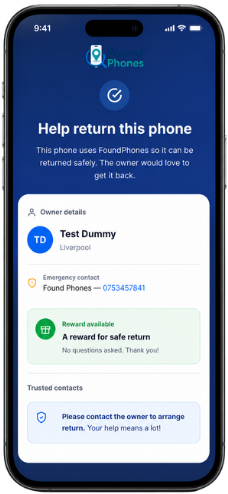 Recovery page showing how a finder can help return a lost item safely